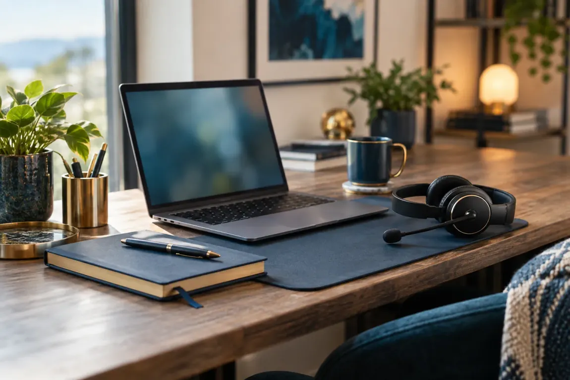A bright workspace with a laptop, headset, and notebook
